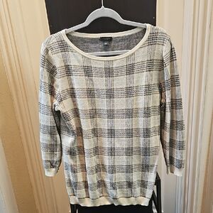 Ann Taylor Factory Plaid Sweater in Black and Cream